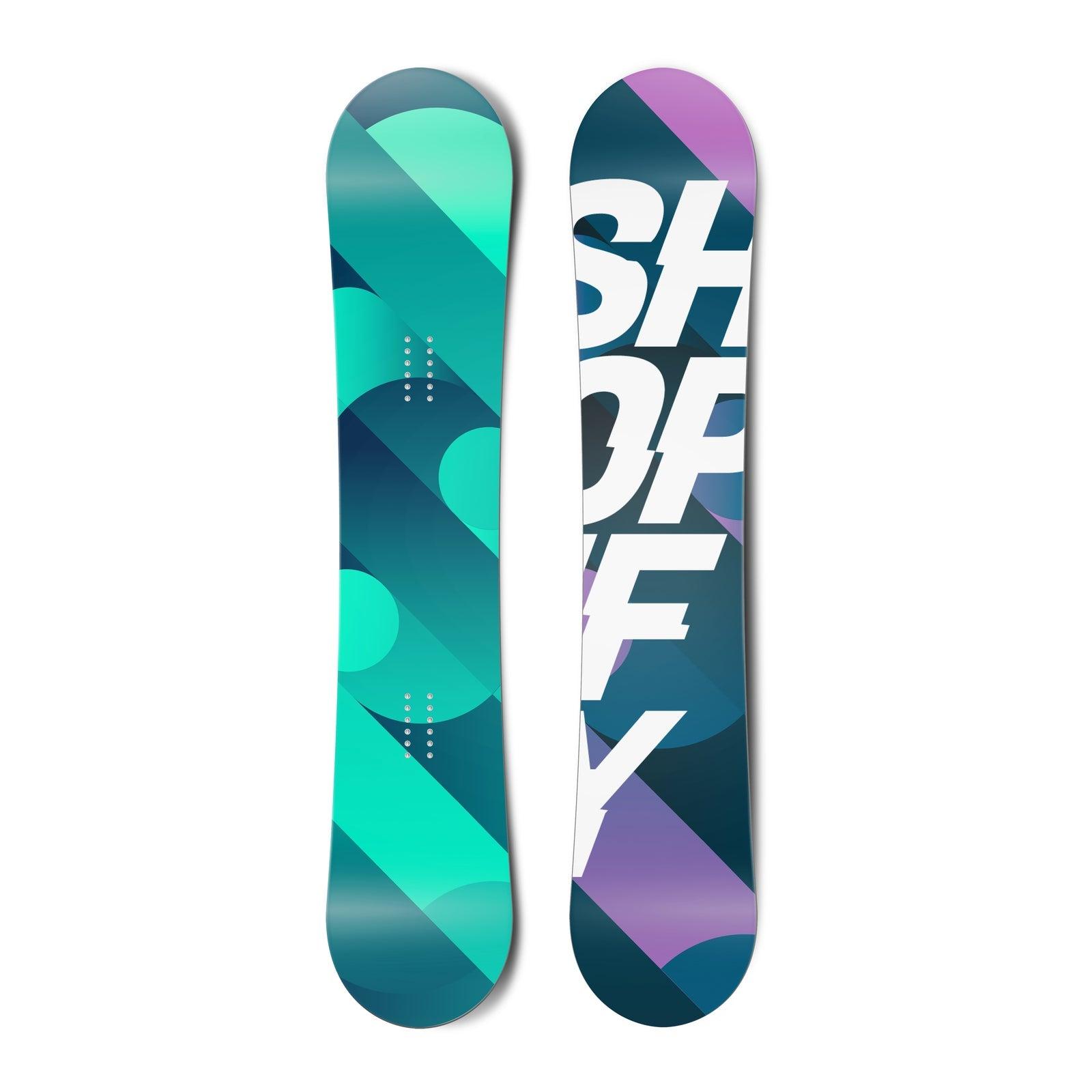 Top and bottom view of a snowboard. The top view shows abstract circles and lines in shades of teal.
          The bottom view shows abstract circles and lines in shades of purple and blue with the text “SHOPIFY” in a
          sans serif typeface on top.