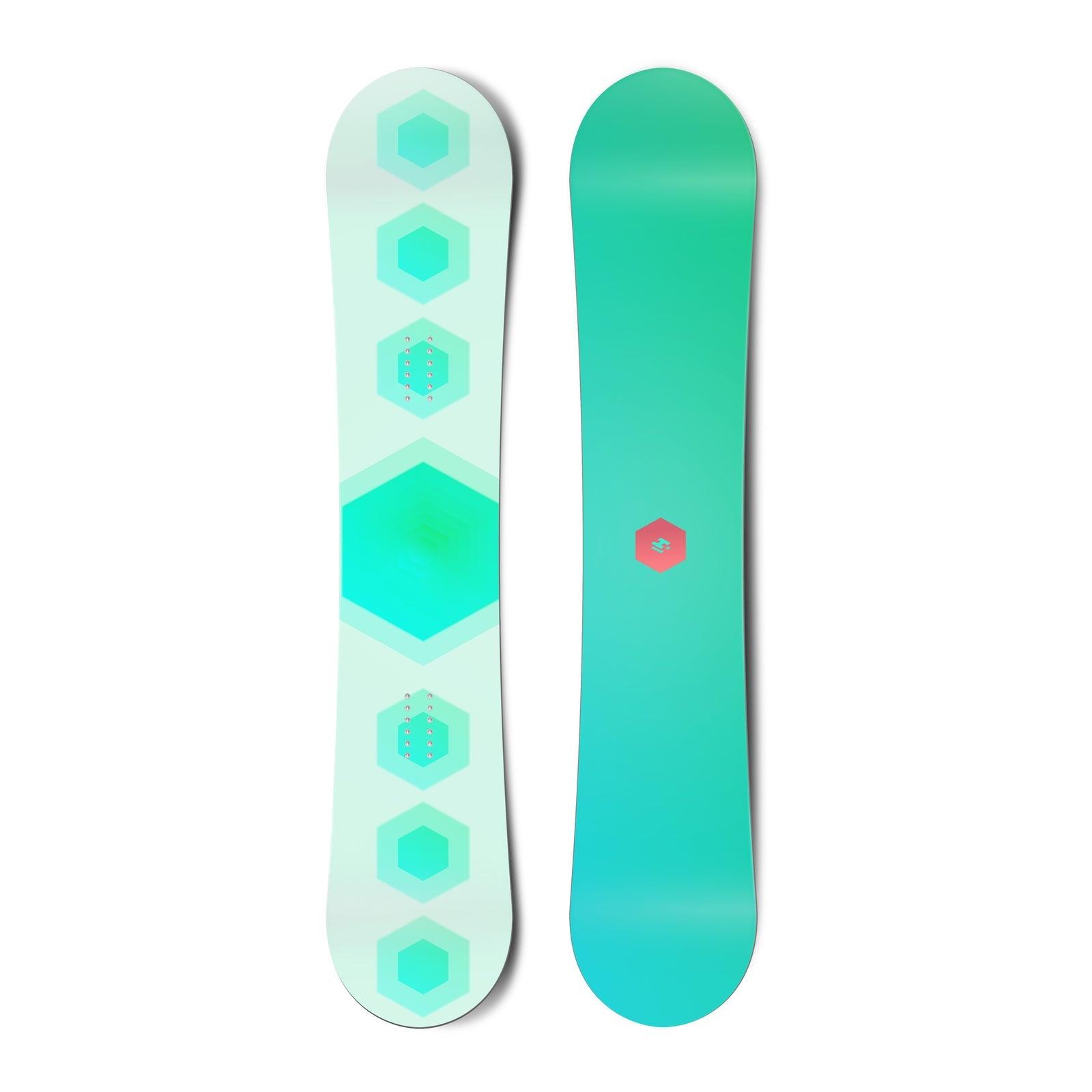 Top and bottom view of a snowboard. The top view shows 7 stacked hexagons and the bottom view shows
          a small, centred hexagonal logo for Hydrogen.