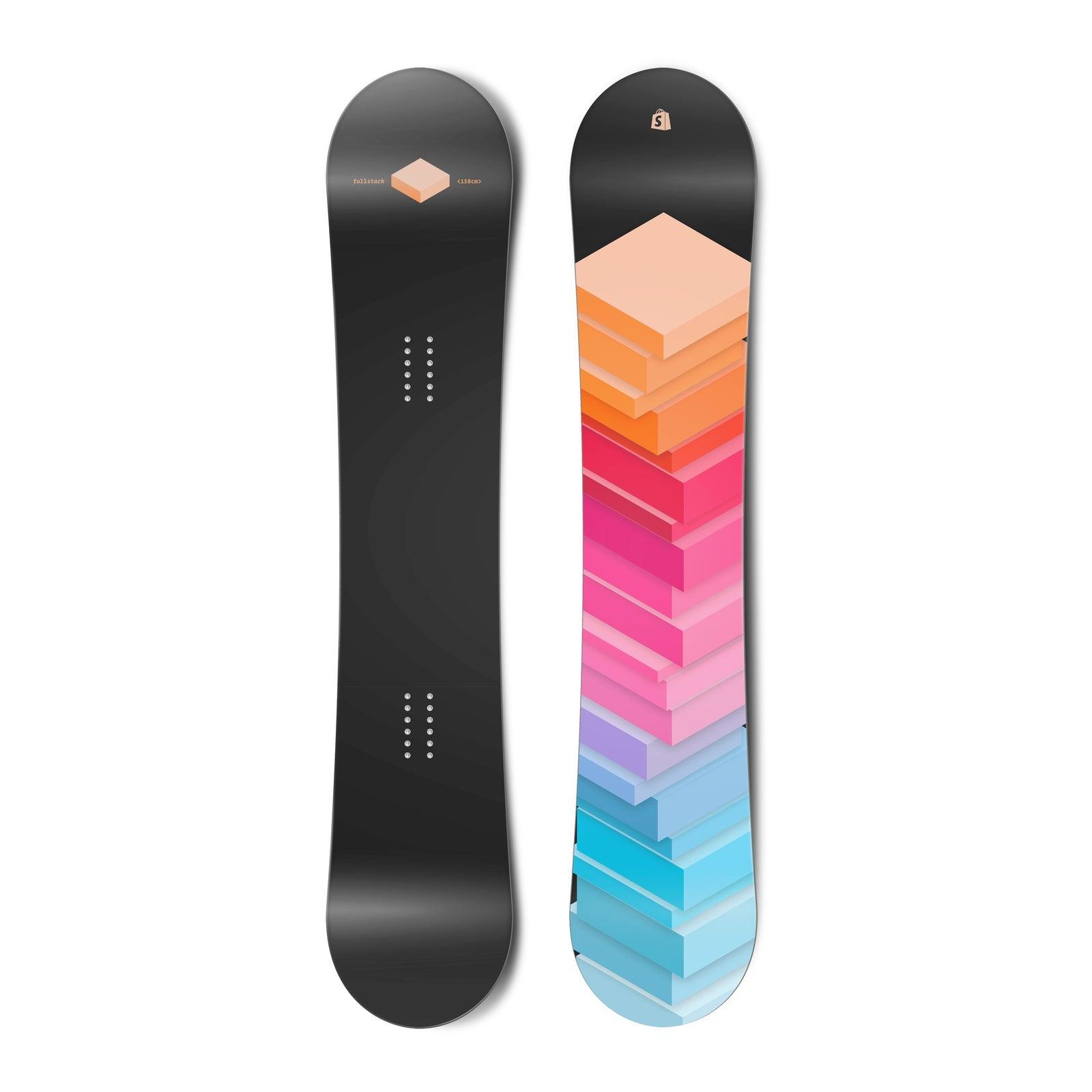 The top view and bottom view of a snowboard. The top view is black with a singular peach cube.
          The bottom view has a graphic of a stack of blocks in a gradient from light blue, to pink to peach.