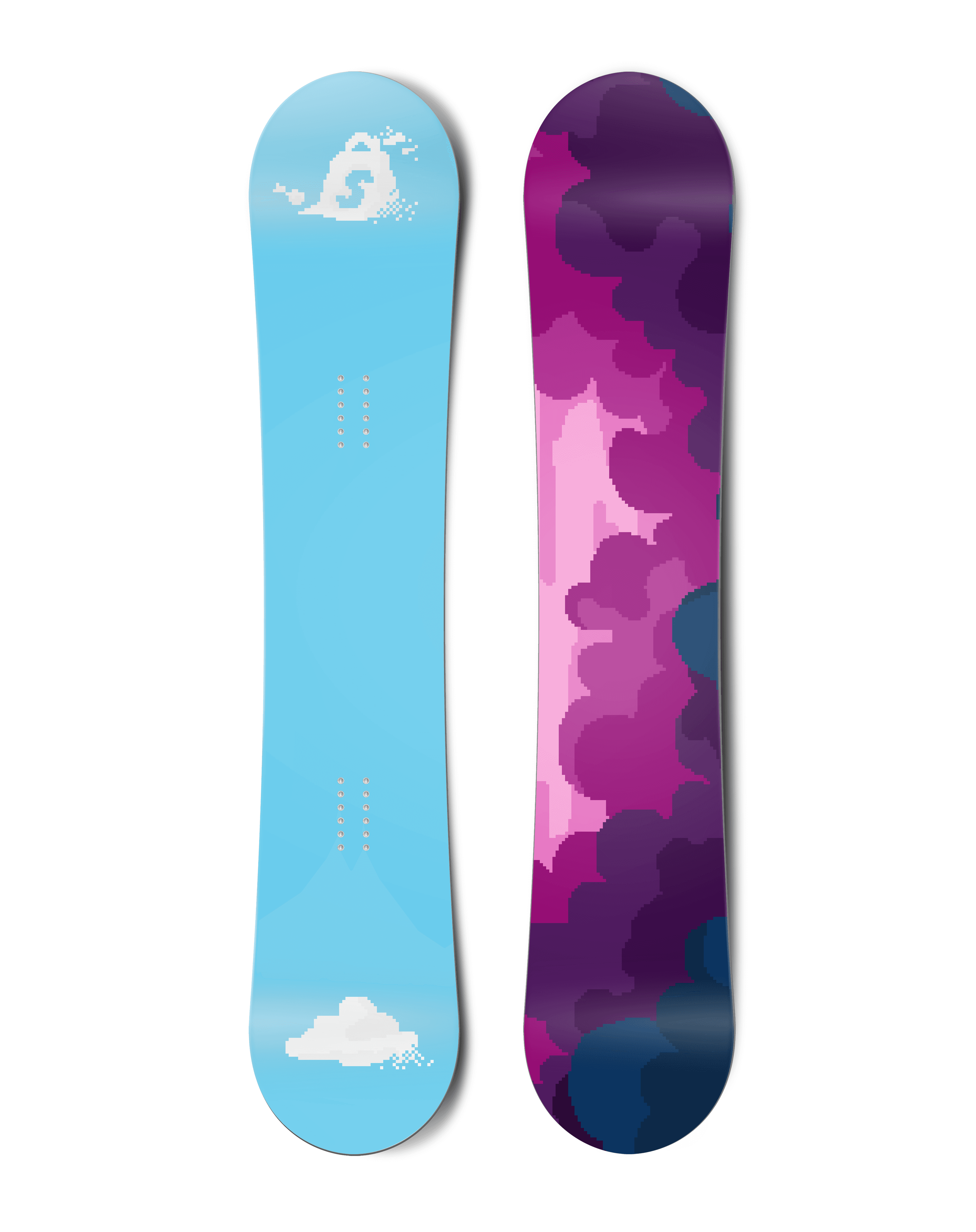 Top and bottom view of a snowboard. The top view shows pixelated clouds, with the top-most one being
        the shape of the Shopify bag logo. The bottom view has a pixelated cloudy sky with blue, pink and purple
        colours.
